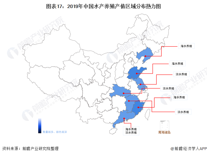 圖表17：2019年中國水產養殖產值區域分布熱力圖