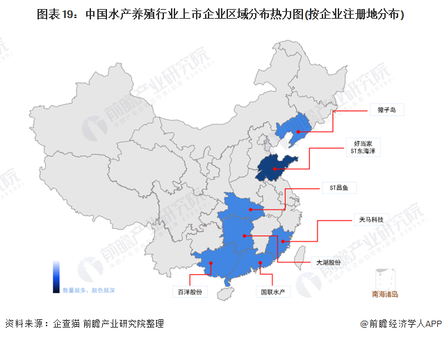 圖表19：中國水產養殖行業上市企業區域分布熱力圖(按企業注冊地分布)
